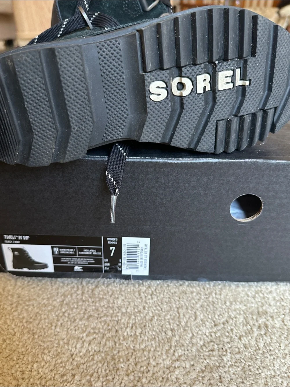 Sorel Black Waterproof Suede Winter Boot with White Faux Fur Collar